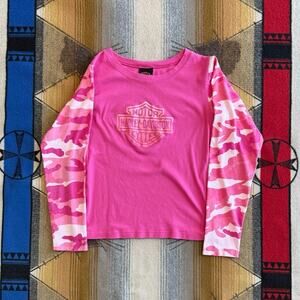 Vintage Y2K Women’s Harley Davidson Long Sleeve Biker T-Shirt Medium Pink Camo